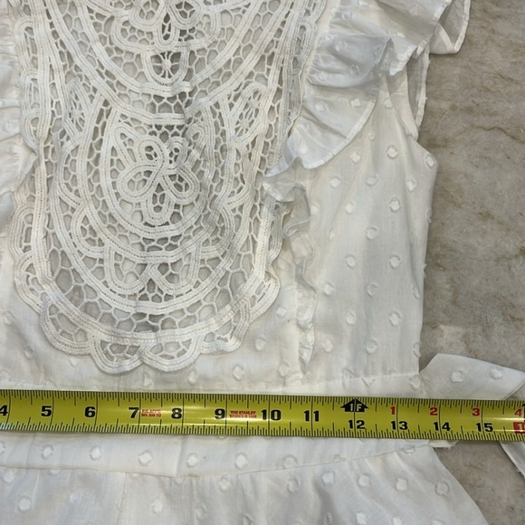 White Hello Molly Days Stay The Same Open Back Crochet Ruffle Romper White Small - Picture 8 of 16